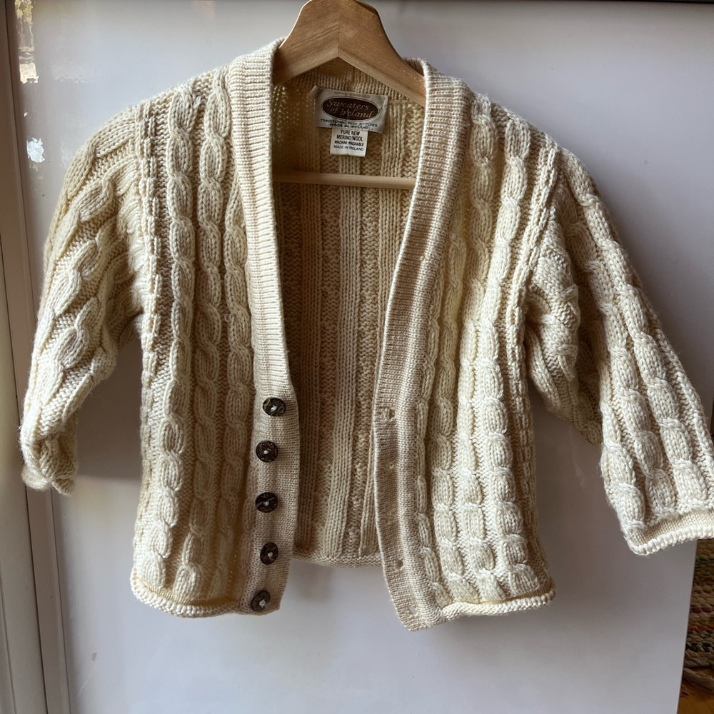 Kids 100% Wool Irish Cream Cable Knit Cropped Cardigan